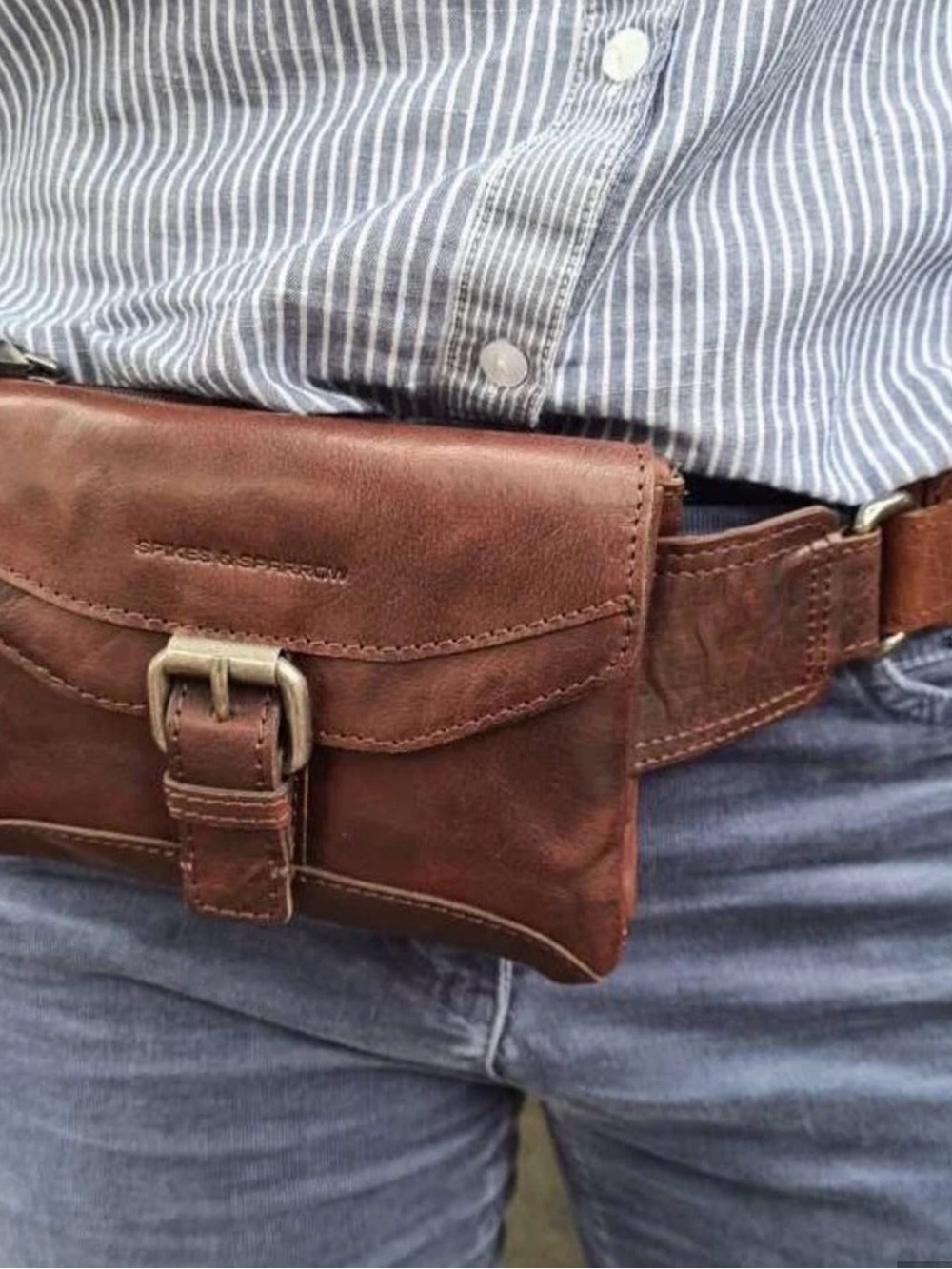 Spike & Sparrow Tan Leather Belt Bag with Buckle Closure
